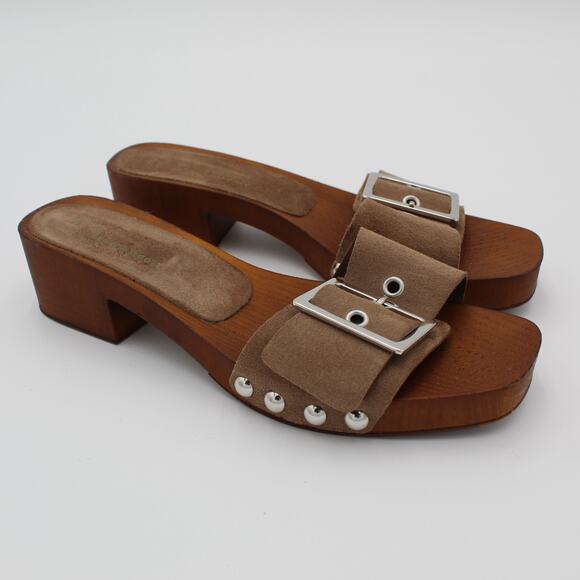 Anthropologie Wood Clog Sandals 39 Womens 8.5 Brown Suede Block Heel Buckle Y2K - Picture 2 of 8